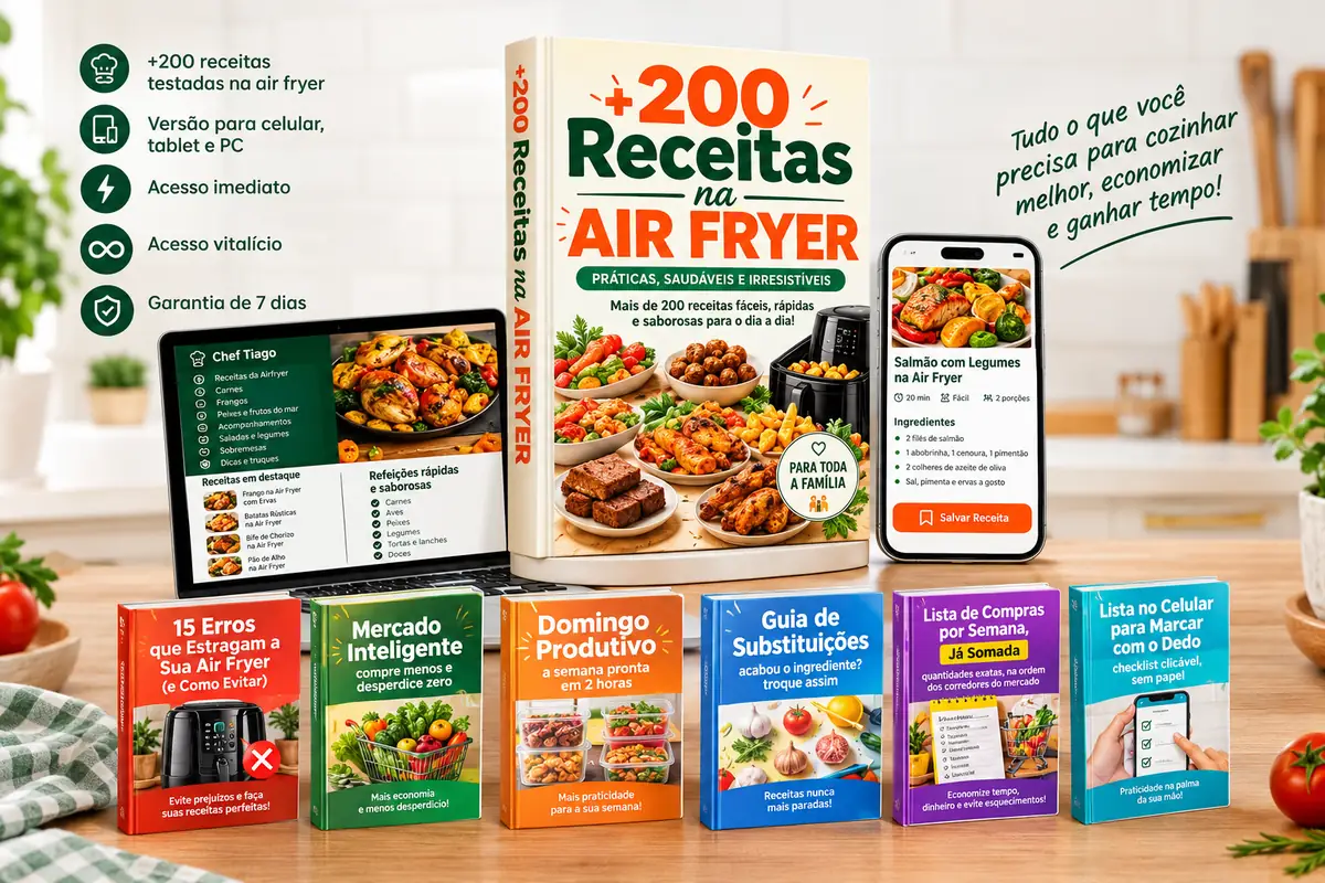 Mockup do pacote: e-book +200 Receitas na Air Fryer no computador e no celular, com todos os bônus em destaque